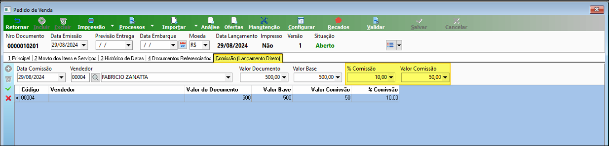 Tela Pedido de Venda com a aba "Comissão (Lançamento Direto)" ativa; campos Data Comissão, Vendedor, Valor Base, % Comissão e Valor Comissão preenchidos; grade exibindo o lançamento incluído