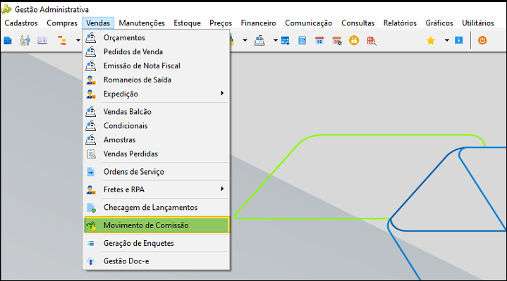 Menu Vendas do módulo Gestão Administrativa com o item "Movimento de Comissão" destacado