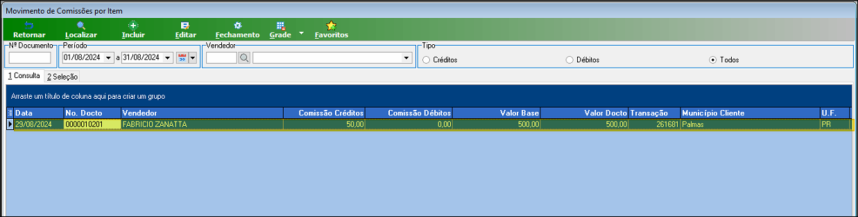 Tela Movimento de Comissões por Item exibindo o lançamento do vendedor com Comissão Créditos, Valor Base e Valor do Documento preenchidos