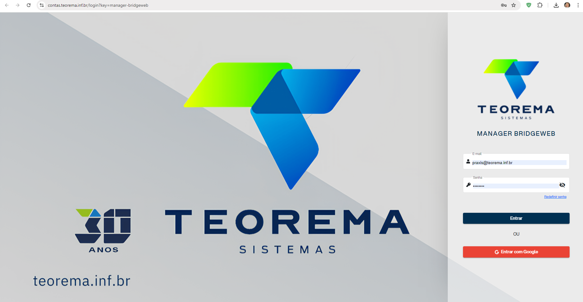 Tela de login do Manager BridgeWeb com logotipo Teorema Sistemas, campos de e-mail e senha, botão "Entrar" e opção "Entrar com Google"