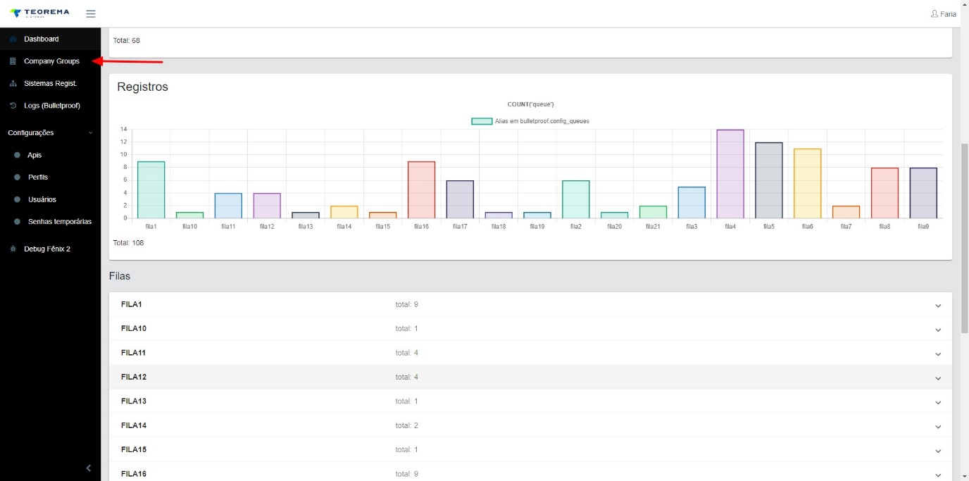 Menu lateral do Manager BridgeWeb com opções Dashboard, Company Groups (selecionado com seta indicativa), Sistemas Regist., Logs (Bulletproof) e seção Configurações
