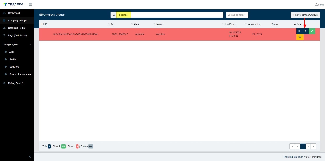 Tela Company Groups com campo de busca preenchido com "agentes", registro da empresa listado com colunas UUID, Ref (0001_0046047), Alias (agentes), Nome (agentes), LastSync, AppVersion (F2_2.2.9) e Status; seta indicando o botão de edição na coluna Ações