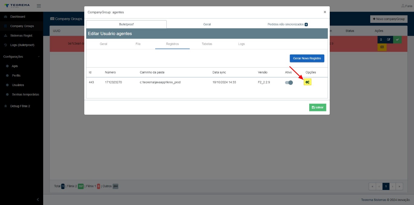 Aba Registros do modal "Editar Usuário agentes" com registro de Id 443, Número 1712323270, Caminho da pasta c:\teorema\javaapp\fenix_prod, Data sync 18/10/2024 14:33, Versão F2_2.2.9; seta indicando o botão de engrenagem na coluna Opções
