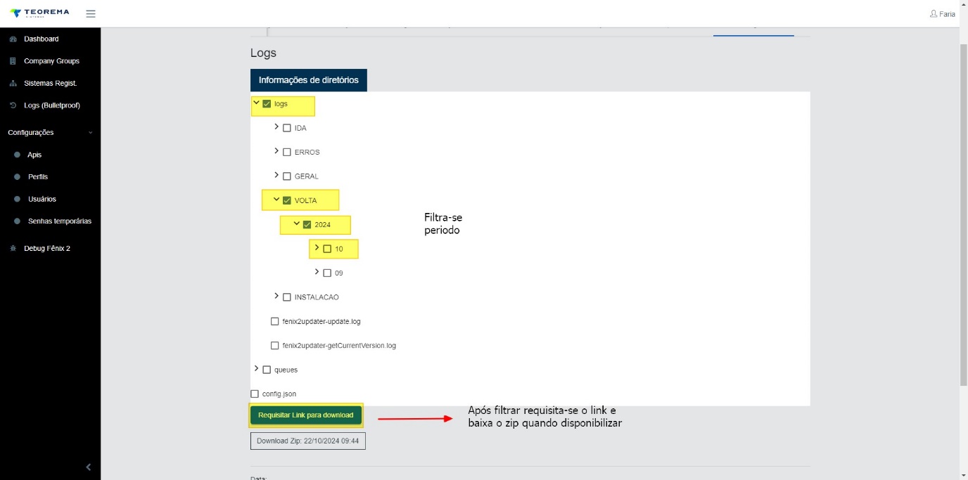 Aba Logs com seção Informações de diretórios exibindo árvore de pastas: logs (expandido), IDA, ERROS, GERAL, VOLTA (expandido) > 2024 (expandido) > 10 (selecionado), 09, INSTALACAO, fenix2updater-update.log, fenix2updater-getCurrentVersion.log, queues, config.json; botão "Requisitar Link para download" e link "Download Zip: 22/10/2024 09:44" visíveis; anotação indicando "Filtra-se período" e "Após filtrar requisita-se o link e baixa o zip quando disponibilizar"