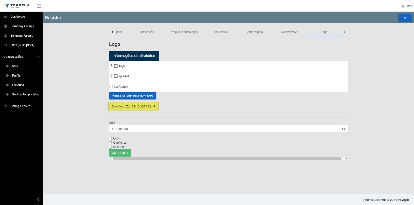 Aba Logs com seção Informações de diretórios mostrando pastas logs, queues e config.json; botão "Requisitar Link para download" e botão "Download Zip: 22/10/2024 09:47" destacado; seção Data com campo dd/mm/aaaa e checkboxes Logs, Config.json, Queues e botão "Gerar Paths"