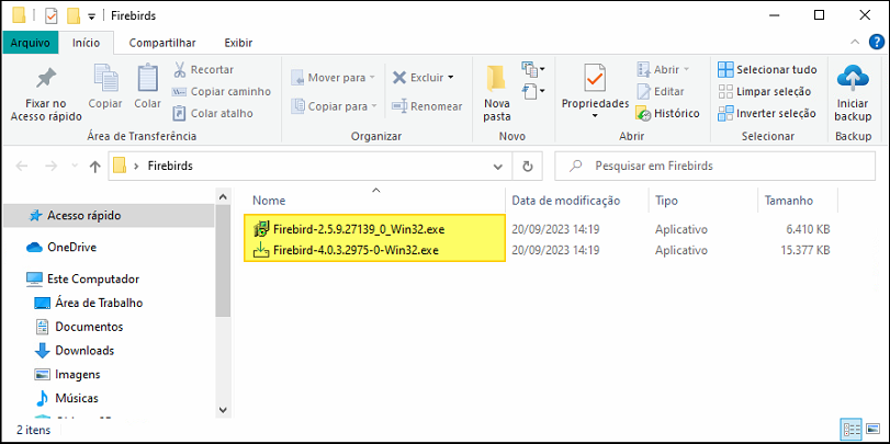 Pasta Firebirds com os dois instaladores: Firebird-2.5.9.27139_0_Win32.exe (6.410 KB) e Firebird-4.0.3.2975-0-Win32.exe (15.377 KB)