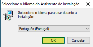 Diálogo "Seleccione o Idioma do Assistente de Instalação" com opção Português (Portugal) selecionada e botão OK