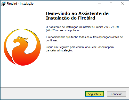 Tela de boas-vindas do assistente de instalação do Firebird 2.5.9.27139 (Win32) com botão Seguinte