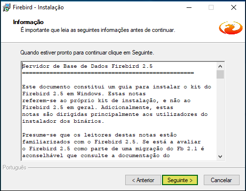 Tela de informação do instalador exibindo notas do Servidor de Base de Dados Firebird 2.5, com botão Seguinte