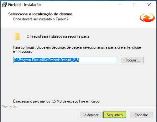Tela de seleção de localização de destino com caminho C:\Program Files (x86)\Firebird\Firebird_2_5 e botão Seguinte