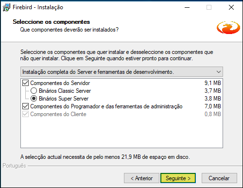 Tela de seleção de componentes com "Instalação completa do Server e ferramentas de desenvolvimento" selecionada e botão Seguinte