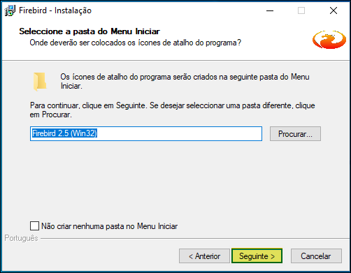 Tela de seleção de pasta do Menu Iniciar com valor "Firebird 2.5 (Win32)" e botão Seguinte