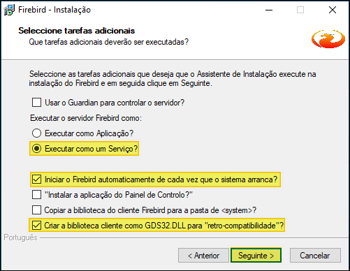 Tela de seleção de tarefas adicionais com as opções: Executar como um Serviço selecionada, Iniciar o Firebird automaticamente marcado, Criar biblioteca cliente GDS32.DLL marcado; demais opções desmarcadas; botão Seguinte