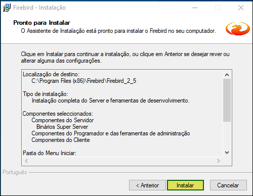 Tela "Pronto para Instalar" com resumo: localização C:\Program Files (x86)\Firebird\Firebird_2_5, tipo de instalação completa, componentes selecionados e pasta Firebird 2.5 (Win32); botão Instalar