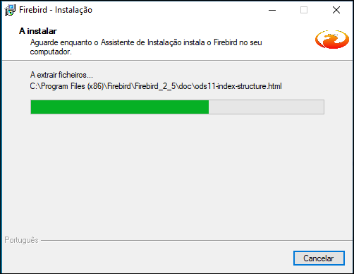 Tela de progresso "A instalar" com barra de progresso e extração de arquivos em C:\Program Files (x86)\Firebird\Firebird_2_5\doc