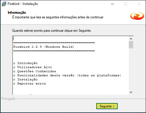 Tela de informação pós-instalação com índice: Introdução, Utilizadores Alvo, Questões Conhecidas, Funcionalidades desta versão, Instalação, Reportar erros; botão Seguinte
