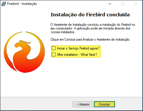 Tela "Instalação do Firebird concluída" com as opções "Iniciar o Serviço Firebird agora?" e "After installation - What Next?" desmarcadas, e botão Concluir
