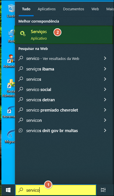 Menu Iniciar do Windows com busca "servico" e resultado "Serviços – Aplicativo" em destaque