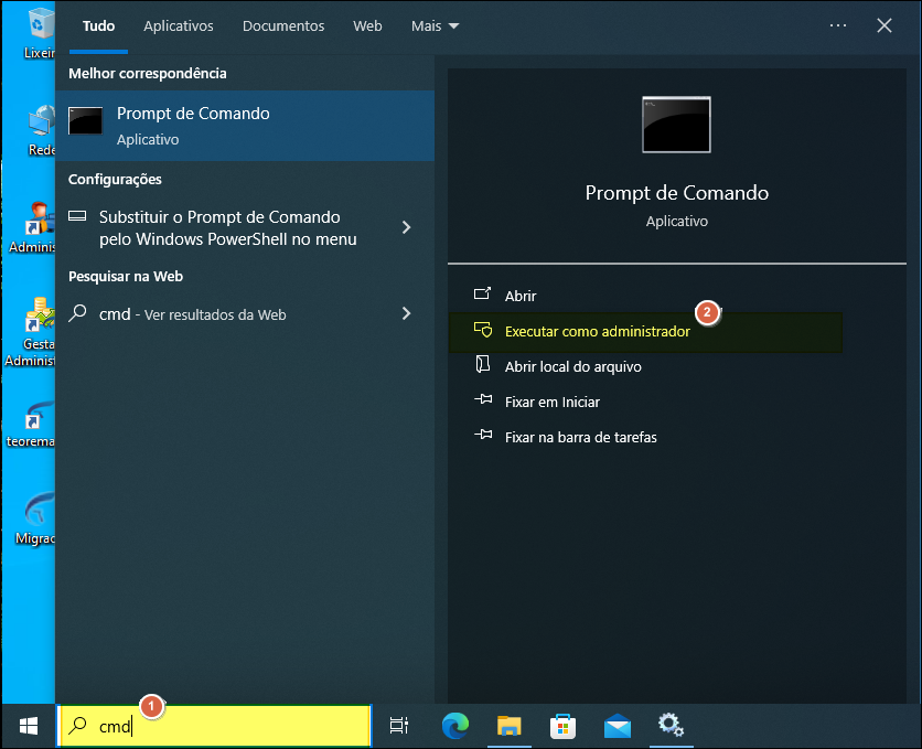 Menu Iniciar do Windows com busca "cmd" e opção "Executar como administrador" destacada para o Prompt de Comando