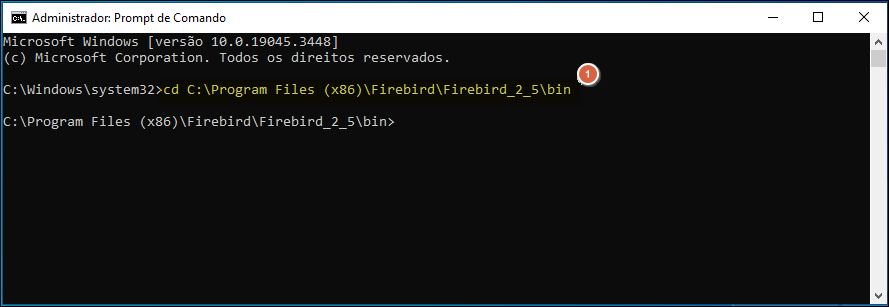 Prompt de Comando como Administrador executando: cd C:\Program Files (x86)\Firebird\Firebird_2_5\bin; prompt resultante em C:\Program Files (x86)\Firebird\Firebird_2_5\bin>