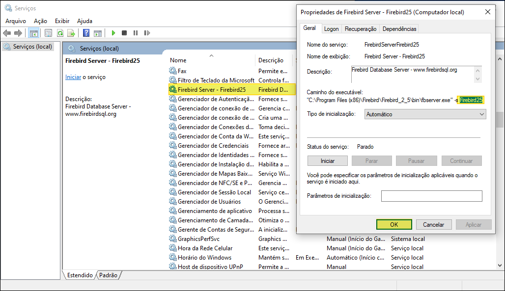 Janela Serviços do Windows com "Firebird Server – Firebird25" selecionado e painel de propriedades mostrando Nome do serviço: FirebirdServerFirebird25, Status: Parado; caminho do executável com parâmetro -s Firebird25