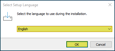 Diálogo "Select Setup Language" com opção English selecionada e botão OK