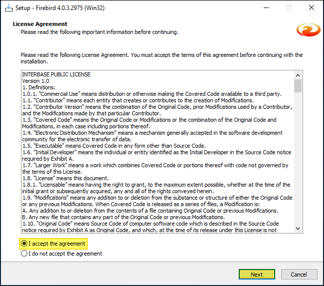 Tela License Agreement do Setup Firebird 4.0.3.2975 (Win32) com opção "I accept the agreement" selecionada e botão Next