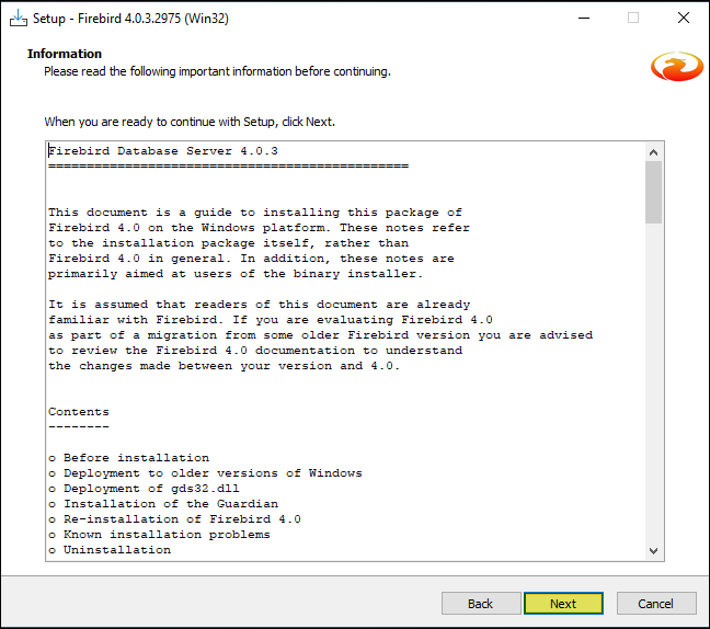 Tela Information do Setup Firebird 4.0.3 com notas de instalação e índice de tópicos (Before installation, Deployment to older versions of Windows, etc.); botão Next