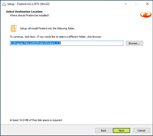 Tela "Select Destination Location" com caminho C:\Program Files (x86)\Firebird\Firebird_4_0 e botão Next