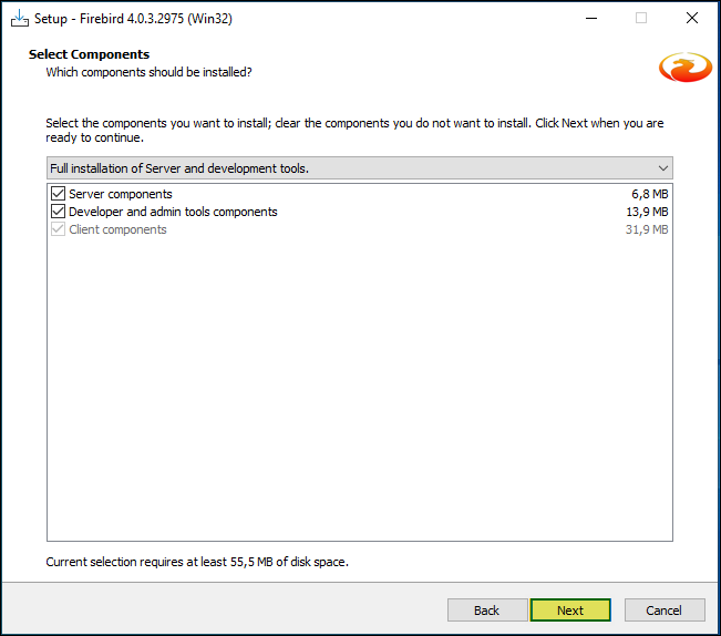 Tela "Select Components" com "Full installation of Server and development tools" selecionada; componentes: Server components, Developer and admin tools components, Client components; botão Next