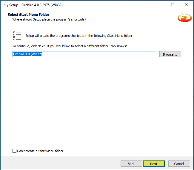 Tela "Select Start Menu Folder" com valor "Firebird 4.0 (Win32)" e botão Next