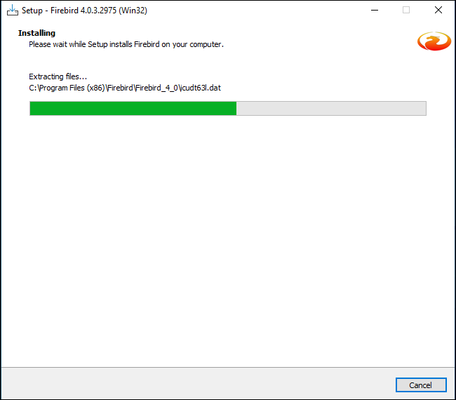 Tela "Installing" do Setup Firebird 4.0.3.2975 com barra de progresso e extração de arquivos em C:\Program Files (x86)\Firebird\Firebird_4_0