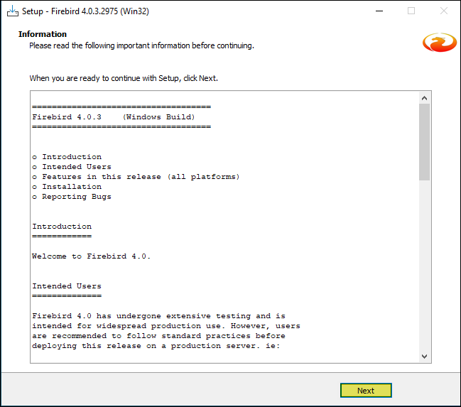 Tela Information pós-instalação do Firebird 4.0.3 com índice: Introduction, Intended Users, Features in this release, Installation, Reporting Bugs; botão Next