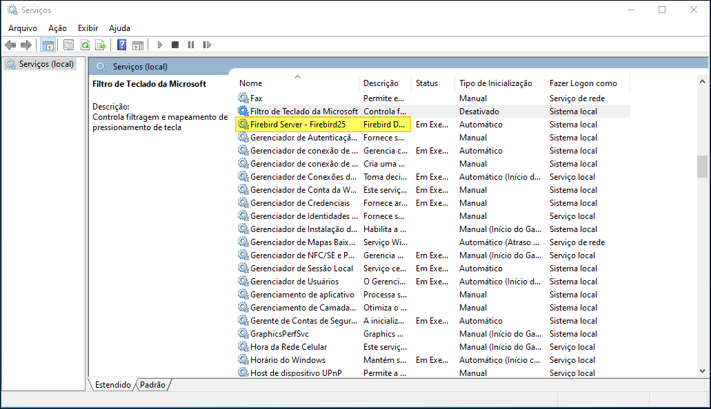 Janela Serviços do Windows listando "Firebird Server – Firebird25" em execução; nenhuma instância Firebird 4.0 criada automaticamente