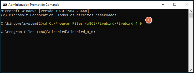Prompt de Comando como Administrador executando: cd C:\Program Files (x86)\Firebird\Firebird_4_0; prompt resultante em C:\Program Files (x86)\Firebird\Firebird_4_0>