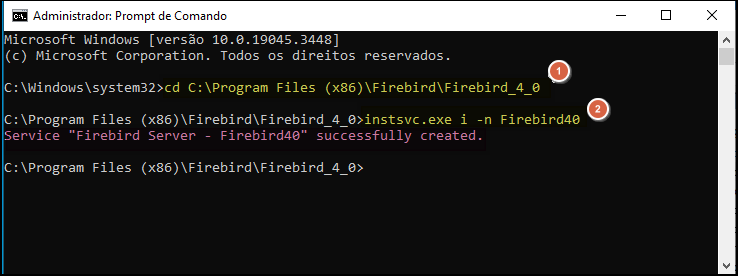 Prompt de Comando executando Instsvc.exe i -n Firebird40 com retorno: Service "Firebird Server - Firebird40" successfully created.