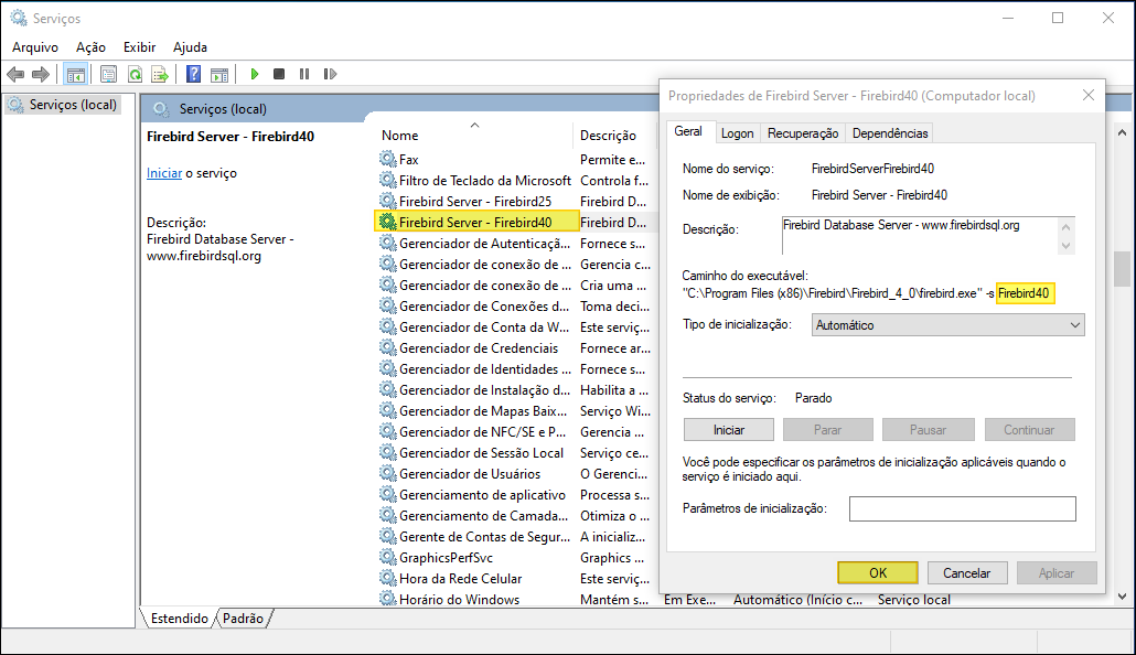 Janela Serviços do Windows com "Firebird Server – Firebird40" selecionado e painel de propriedades mostrando Nome do serviço: FirebirdServerFirebird40, Status: Parado; caminho do executável com parâmetro -s Firebird40