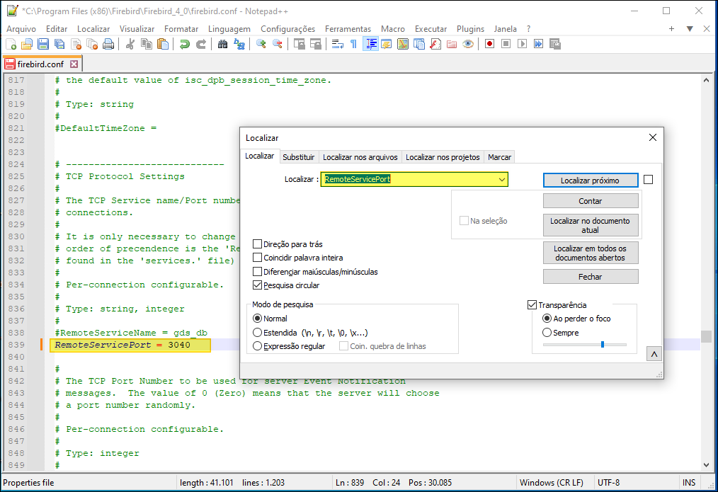 Notepad++ com firebird.conf aberto, diálogo Localizar com termo "RemoteServicePort"; linha 839 destacada: RemoteServicePort = 3040