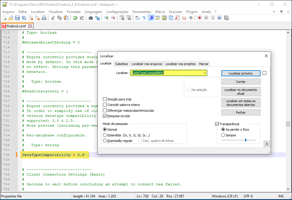 Notepad++ com firebird.conf aberto, diálogo Localizar com termo "DataTypeCompatibility"; linha 738 destacada: DataTypeCompatibility = 2.5