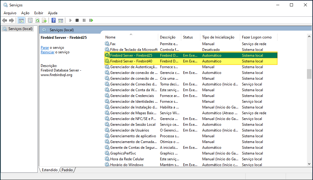 Janela Serviços do Windows com as duas instâncias "Firebird Server – Firebird25" e "Firebird Server – Firebird40" em execução (Status: Em Exe..., Tipo de Inicialização: Automático)