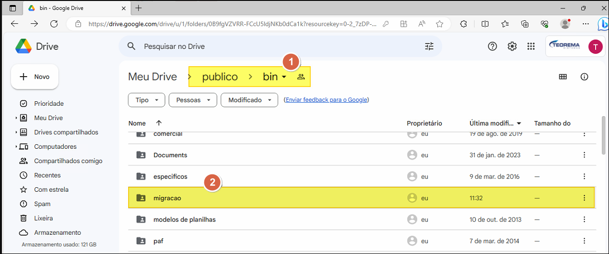 Google Drive na pasta Meu Drive > publico > bin com a pasta "migracao" destacada