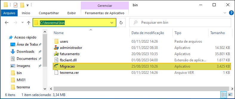 Windows Explorer na pasta C:\teorema\bin exibindo os arquivos: users, administrador, faturamento, fbclient.dll, Migracao (aplicativo, 3.425 KB, destacado) e teorema.ver