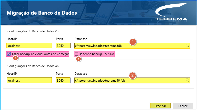 Tela "Migração de Banco de Dados" da Teorema com campos: Configurações do Banco de Dados 2.5 — Host/IP: localhost, Porta: 3050, Database (1): c:\teorema\windados\teorema.fdb; checkbox (3) "Fazer Backup Adicional Antes de Começar" marcado; checkbox (4) "Já tenho backup 2.5 / 4.0" desmarcado; Configurações do Banco de Dados 4.0 — Host/IP: localhost, Porta: 3040, Database (2): c:\teorema\windados\teorema40.fdb; botão Executar