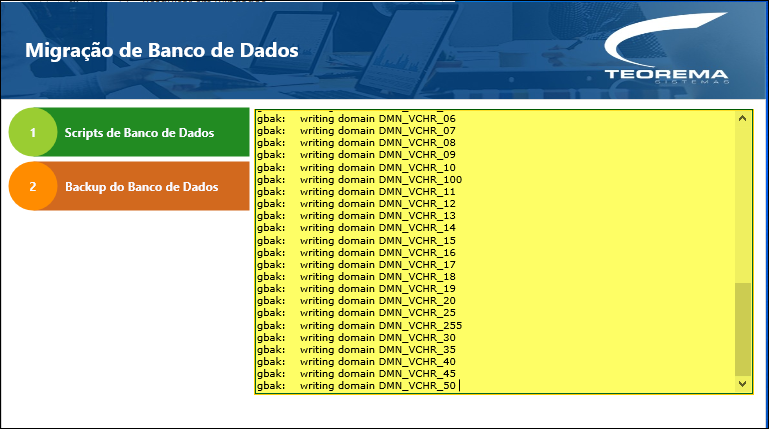 Tela "Migração de Banco de Dados" com log do gbak exibindo domains sendo escritos (DMN_VCHR_06 até DMN_VCHR_50)
