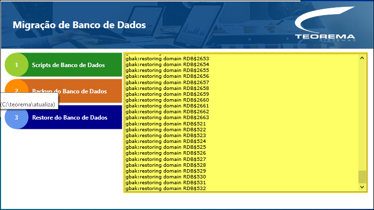 Tela "Migração de Banco de Dados" com etapa 3 (Restore do Banco de Dados) ativa; log exibindo domains sendo restaurados pelo gbak (RDB$2653 até RDB$532)