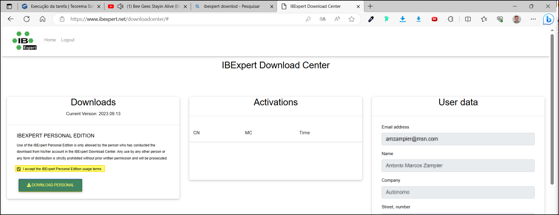 IBExpert Download Center no navegador (ibexpert.net/downloadcenter) exibindo seção Downloads com versão atual 2023.09.13 e botão "DOWNLOAD PERSONAL"; seção Activations; seção User data com campos e-mail, Name e Company preenchidos com dados cadastrais