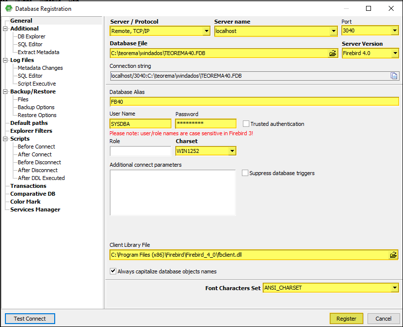 Tela Database Registration do IBExpert com campos: Server/Protocol=Remote TCP/IP, Server name=localhost, Port=3040, Database File=C:\teorema\windados\TEOREMA40.FDB, Server Version=Firebird 4.0, Connection string=localhost/3040:C:\teorema\windados\TEOREMA40.FDB, Database Alias=FB40, User Name=SYSDBA, Password mascarado com asteriscos, Charset=WIN1252, Client Library File=C:\Program Files (x86)\Firebird\Firebird_4_0\fbclient.dll; botões Test Connect e Register