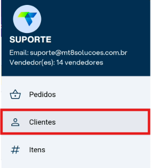 Menu lateral esquerdo do Vendor CRM com as opções Pedidos, Clientes (destacada) e Itens.