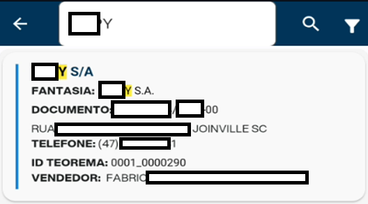 Tela de busca de clientes exibindo resultado com razão social, fantasia, documento, endereço em Joinville SC, telefone, ID Teorema 0001_0000290 e nome do vendedor. Campos com dados pessoais estão ocultados.