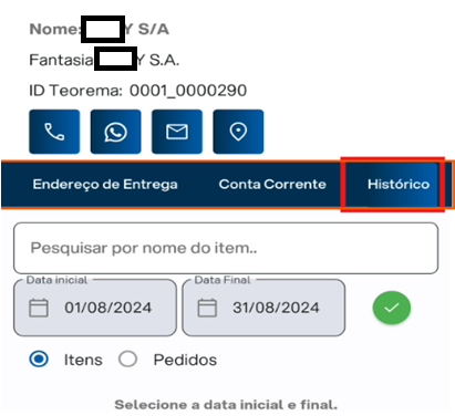 Ficha do cliente com abas "Endereço de Entrega", "Conta Corrente" e "Histórico" (destacada). Abaixo das abas, campo "Pesquisar por nome do item..", campos de Data inicial e Data final, e opções de alternância "Itens" e "Pedidos".